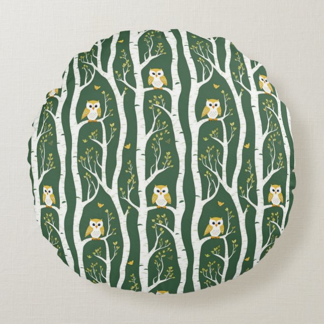 Whimsical Owl and Birch Tree Pattern Round Cushion (Front)