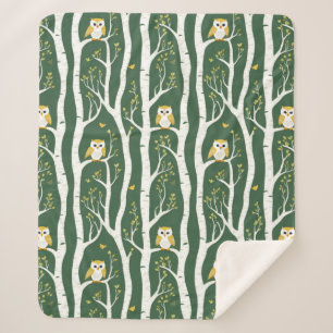 Whimsical Owl and Birch Tree Pattern Sherpa Blanket