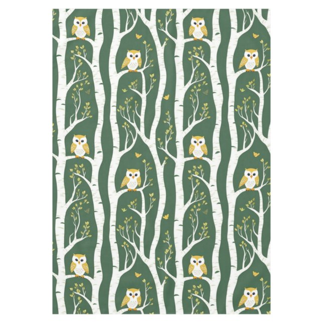 Whimsical Owl and Birch Tree Pattern Tablecloth (Front)