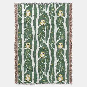 Whimsical Owl and Birch Tree Pattern Throw Blanket