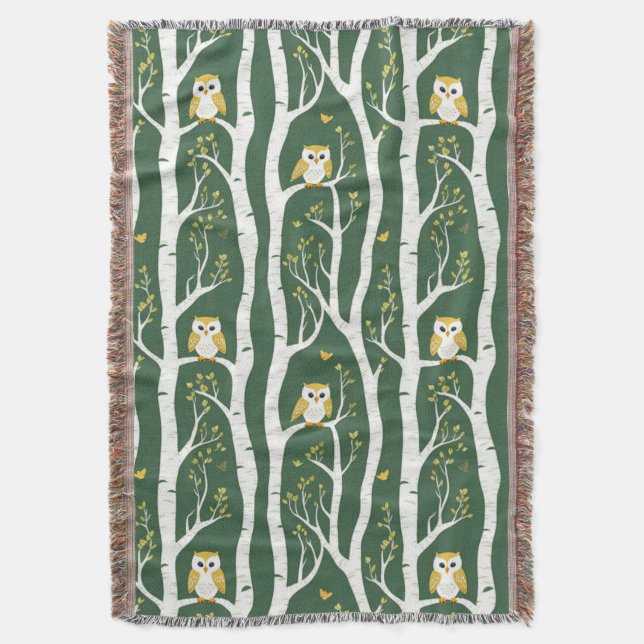 Whimsical Owl and Birch Tree Pattern Throw Blanket (Front Vertical)