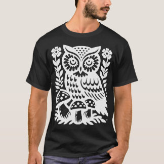 Whimsical Owl and Blooms Block Print Style NatureI T-Shirt