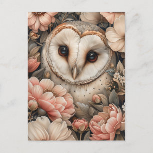 Whimsical Owl and Pastel Floral Drawing Postcard