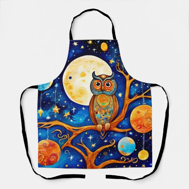 Whimsical Owl Celestials: Stars, Moon, Planets Apron (Front)