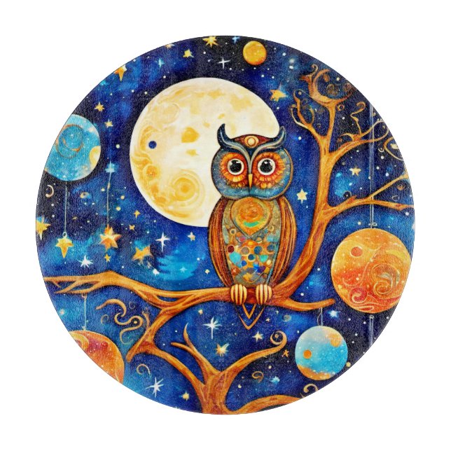Whimsical Owl Celestials: Stars, Moon, Planets Cutting Board (Front)