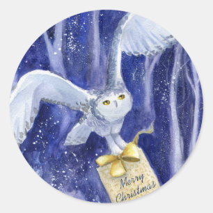 Whimsical Owl Christmas Blue-violet Watercolor Classic Round Sticker