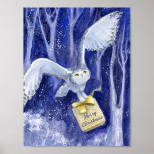 Whimsical Owl Christmas blue-violet watercolor Poster