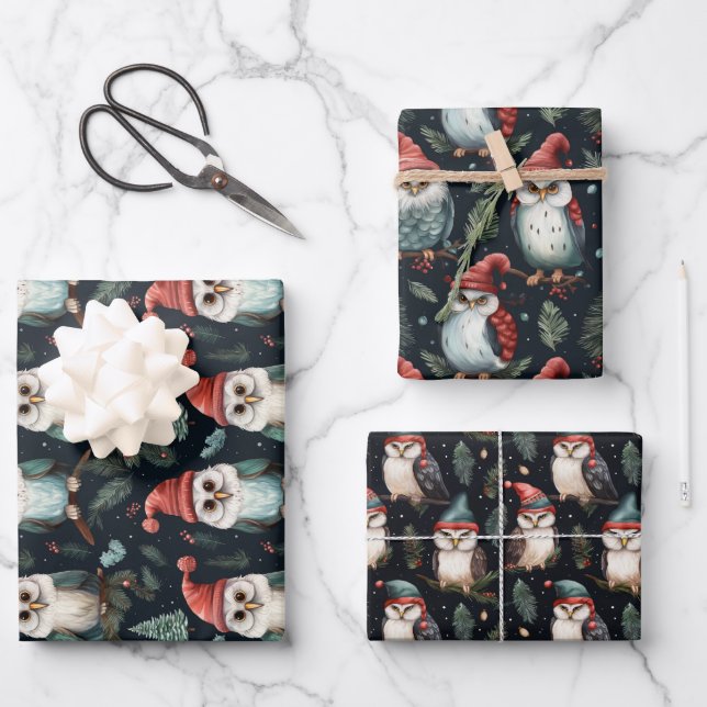 Whimsical Owl Christmas Hat Pattern Wrapping Paper Sheet (Front)