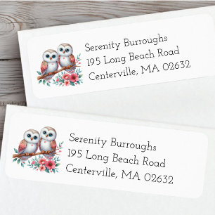 Whimsical Owl Couple Woodland Pink Green Floral Return Address Label