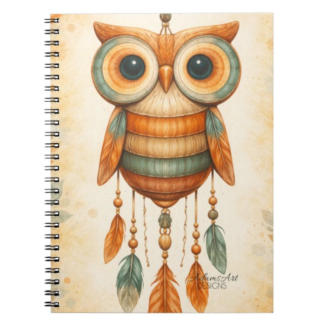 Whimsical Owl Dreamcatcher Boho Notebook (Front)