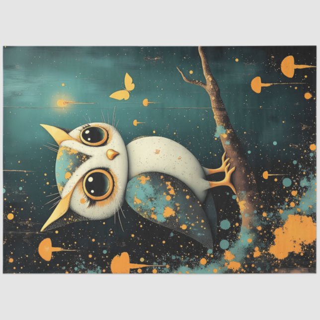 Whimsical Owl Fantasy Decoupage Paper in Teal  (Front)