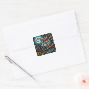 Whimsical Owl Faux Embroidery Square Sticker