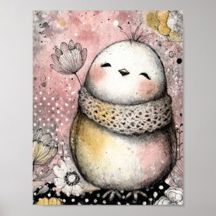 Whimsical Owl Floral Watercolor Art Poster