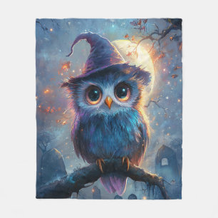 Whimsical Owl in Witch Hat with Full Moon Fleece Blanket