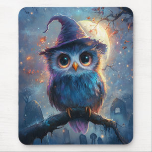 Whimsical Owl in Witch Hat with Full Moon Mouse Pad