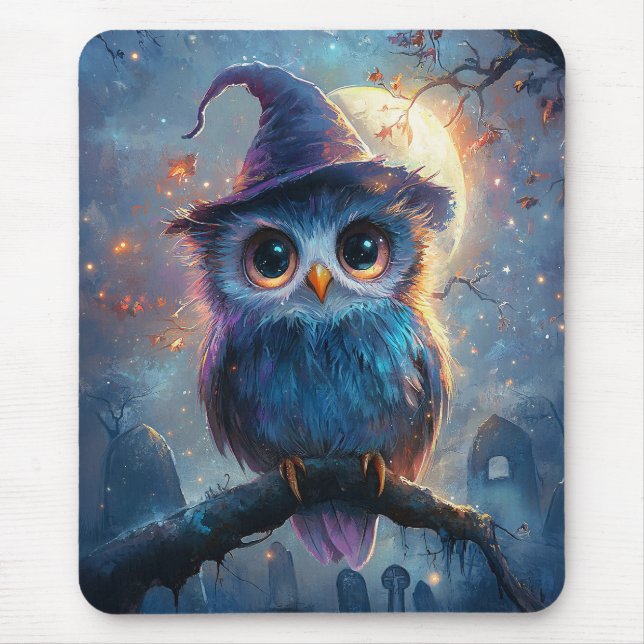 Whimsical Owl in Witch Hat with Full Moon Mouse Pad (Front)