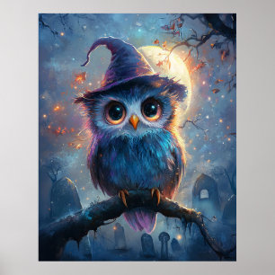 Whimsical Owl in Witch Hat with Full Moon Poster