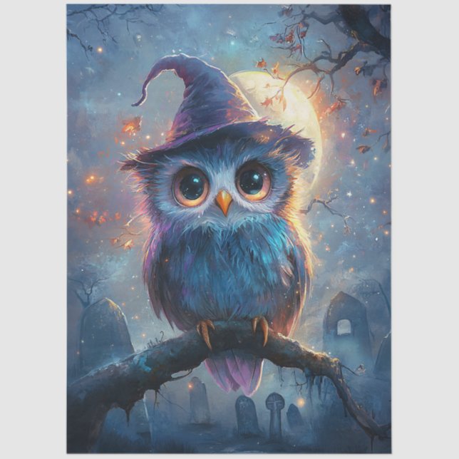 Whimsical Owl in Witch Hat with Full Moon Tissue Paper (Front)