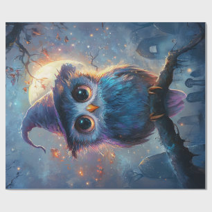 Whimsical Owl in Witch Hat with Full Moon Wrapping Paper