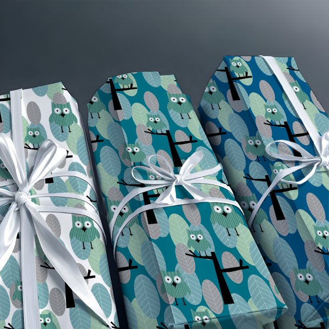Whimsical Owl Modern Retro Woodland Teal Blue Grey Wrapping Paper Sheet (Playful woodland owls in trendy retro modern style, teal blue green forest graduation gift wrap)
