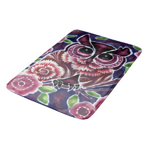 Whimsical Owl on Flowering Branch Pink Blue Bath Mat