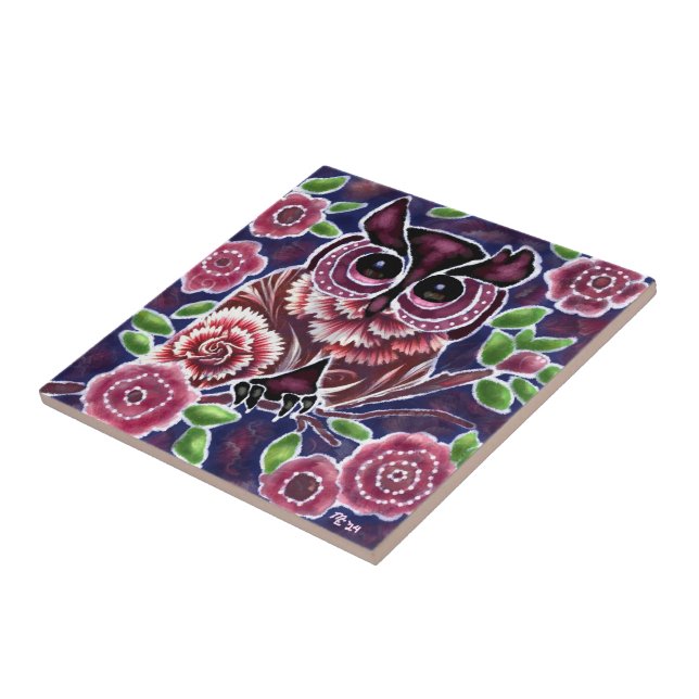 Whimsical Owl on Flowering Branch Pink Blue Ceramic Tile (Side)