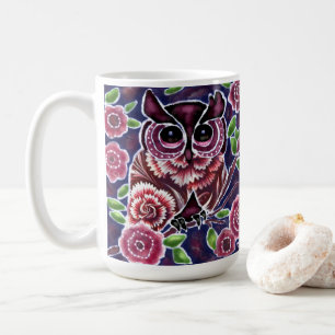 Whimsical Owl on Flowering Branch Pink Blue Coffee Mug