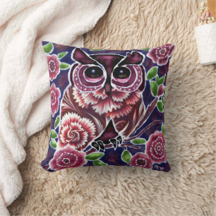 Whimsical Owl on Flowering Branch Pink Blue Cushion