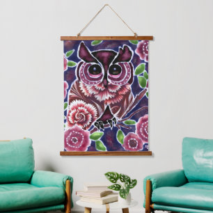 Whimsical Owl on Flowering Branch Pink Blue Hanging Tapestry