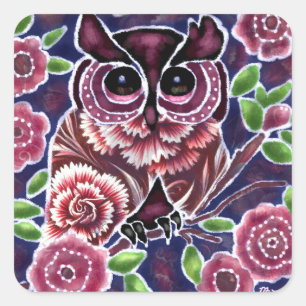 Whimsical Owl on Flowering Branch Pink Blue Square Sticker
