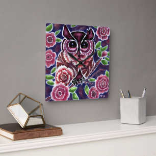 Whimsical Owl on Flowering Branch Pink Blue Square Wall Clock