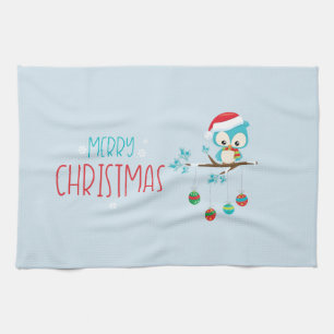 Whimsical Owl Ornaments Branch Tea Towel