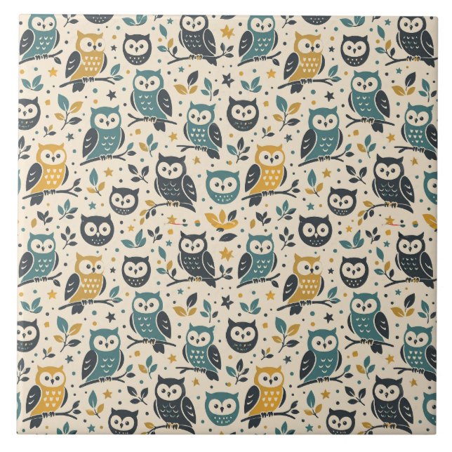 Whimsical Owl Pattern - Nature Inspired Design - I Ceramic Tile (Front)