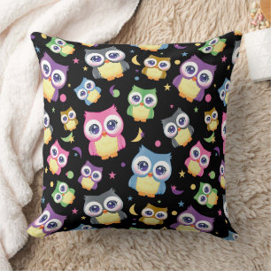 Whimsical Owl Pattern on Black Home Decor Cushion