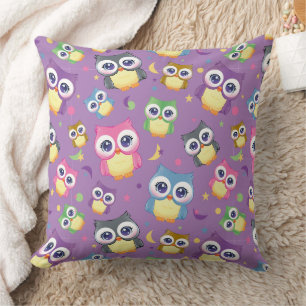 Whimsical Owl Pattern on Purple Home Decor Cushion