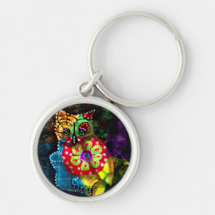 Whimsical Owl Talavera Style Green Red Blue Floral Key Ring