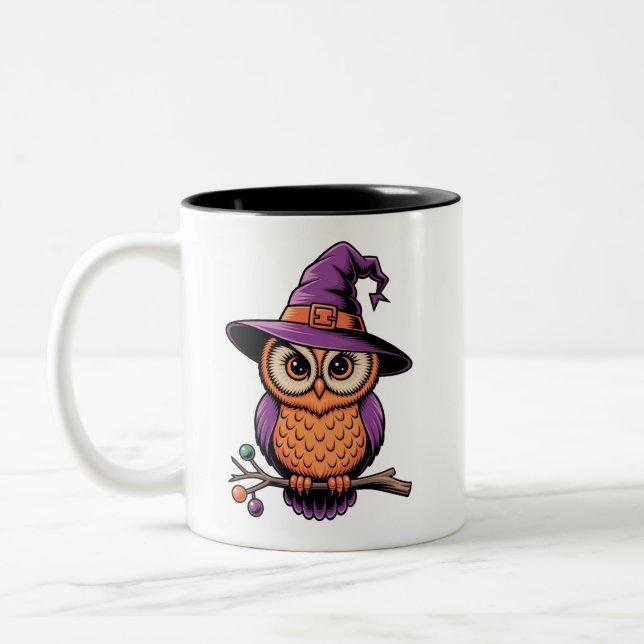 Whimsical Owl Witch Two-Tone Coffee Mug (Left)
