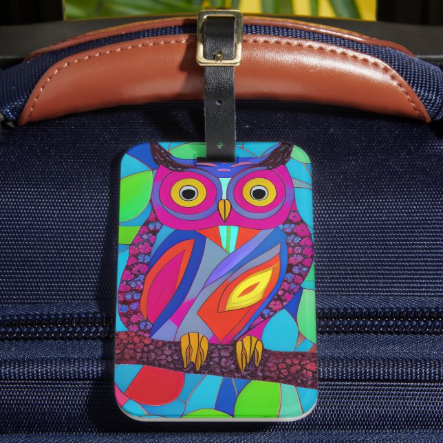 Whimsical Owl with Colourful Feathers Luggage Tag (Front Insitu 2)