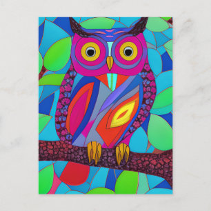 Whimsical Owl with Colourful Feathers Postcard
