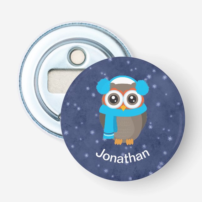 Whimsical Owl with Earmuffs on Snowy Blue Bottle Opener (Front)