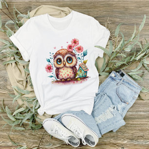 Whimsical Owl with Flowers and Tiny House T-Shirt