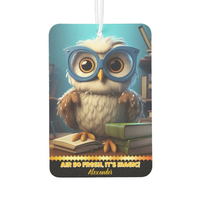 Whimsical owl with glasses in a cosy library nook car air freshener (Back)