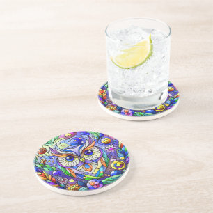 Whimsical Owl With Sapphire Eyes Coaster