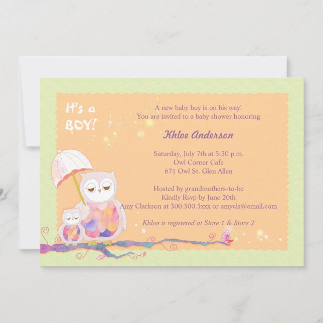 Whimsical Owls Baby Boy Shower Invitation (Front)
