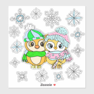 Whimsical Owls Couple and Snowflakes