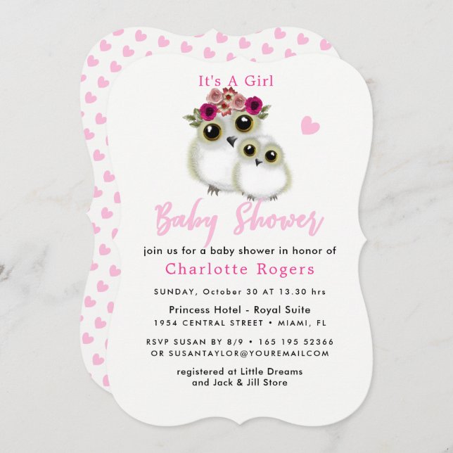 Whimsical Owls Cute Baby Shower Pink Invitation (Front/Back)