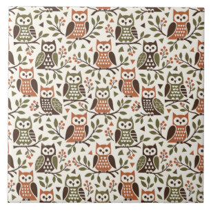 Whimsical Owls in Branches - Cosy Pattern - Illust Ceramic Tile