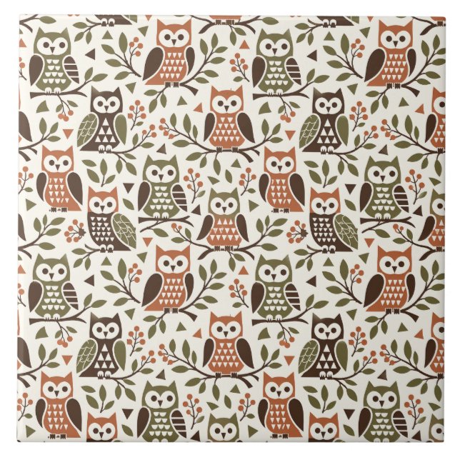 Whimsical Owls in Branches - Cosy Pattern - Illust Ceramic Tile (Front)