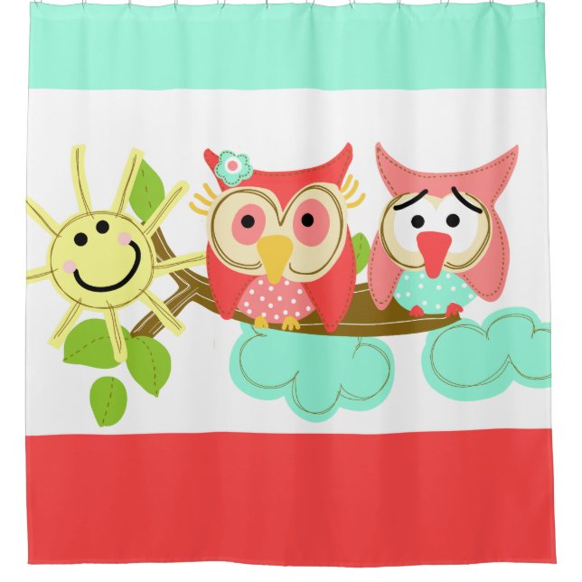 Whimsical Owls on Branch with Sunshine Shower Curtain (Front)