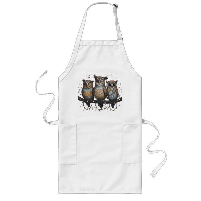 Whimsical Owls Perched on Branch Long Apron (Front)
